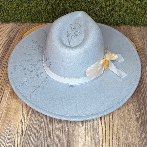 Custom Burned Baby Blue & White Wide Brim Hat with Feathers & Tulips Adjustable main image 4